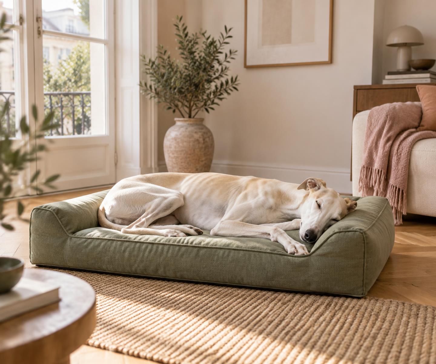 Un chien détendu sur un lit Pawsi.e dans un intérieur naturel